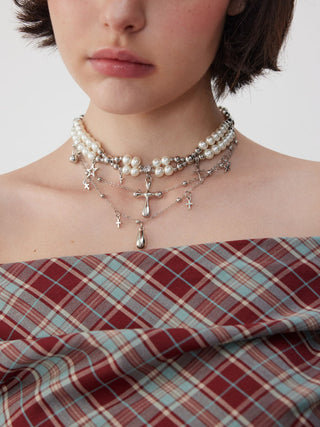 FAUX PEARL & CROSS LAYERED NECKLACE