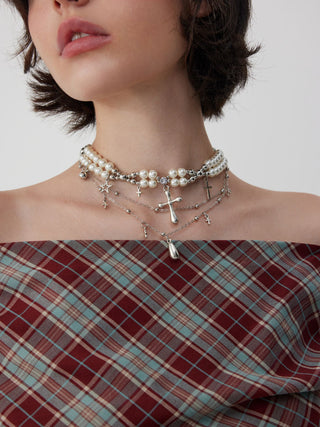 FAUX PEARL & CROSS LAYERED NECKLACE