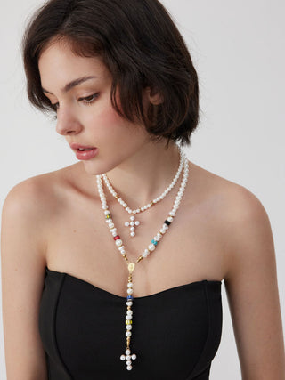 CROSS BEADED LAYERED NECKLACE