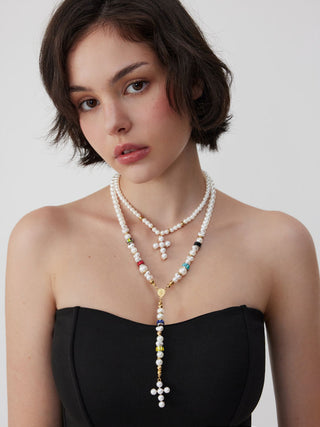 CROSS BEADED LAYERED NECKLACE