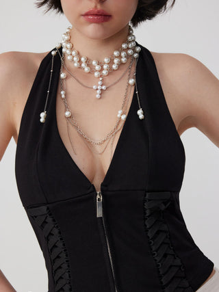 FAUX PEARL CROSS LAYERED NECKLACE