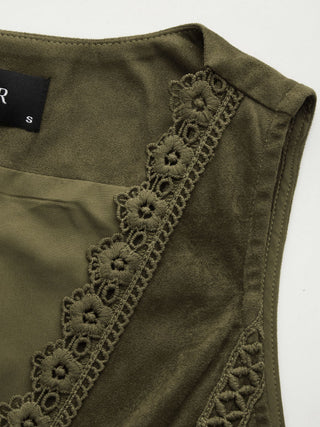 Suede V-Neck Lace Trim Waistcoat