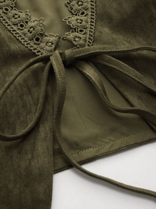 Suede V-Neck Lace Trim Waistcoat