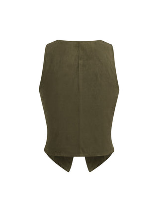 Suede V-Neck Lace Trim Waistcoat