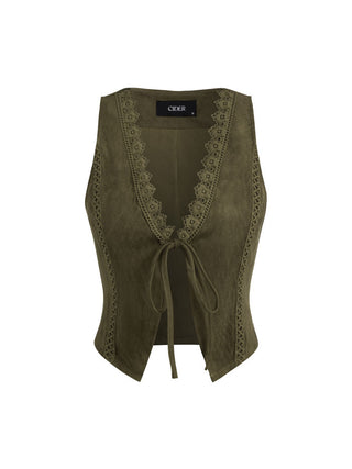 Suede V-Neck Lace Trim Waistcoat