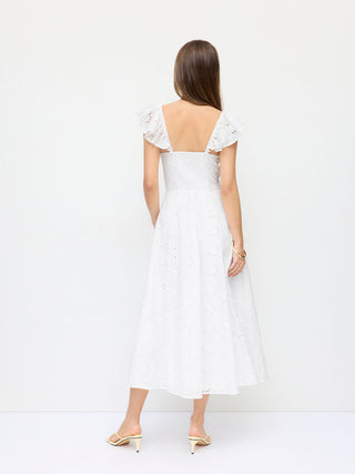 Cotton-blend Broderie Anglaise Sweetheart Ruffle Sleeve Flared Maxi Dress