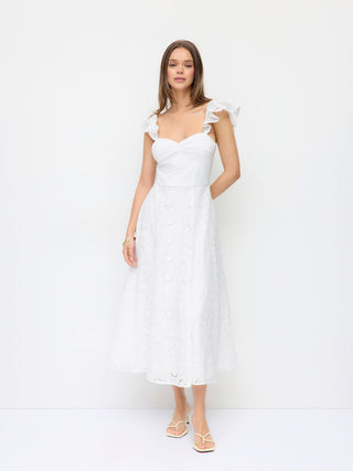 Cotton-blend Broderie Anglaise Sweetheart Ruffle Sleeve Flared Maxi Dress