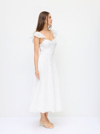 Cotton-blend Broderie Anglaise Sweetheart Ruffle Sleeve Flared Maxi Dress