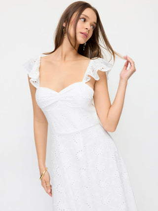 Cotton-blend Broderie Anglaise Sweetheart Ruffle Sleeve Flared Maxi Dress