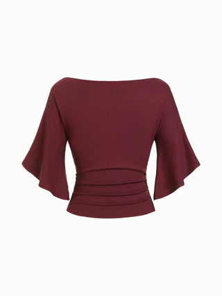 Boat Neck Mid-length Bell Sleeve Ruched Tee