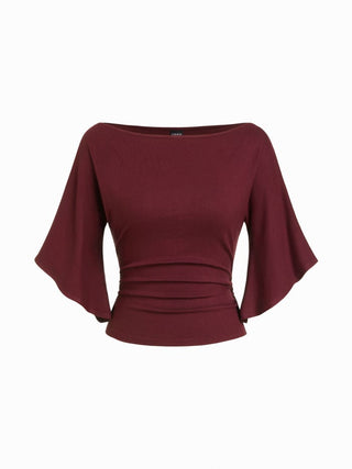 Boat Neck Mid-length Bell Sleeve Ruched Tee