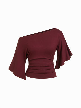 Boat Neck Mid-length Bell Sleeve Ruched Tee