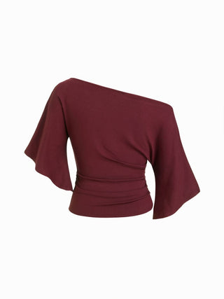 Boat Neck Mid-length Bell Sleeve Ruched Tee