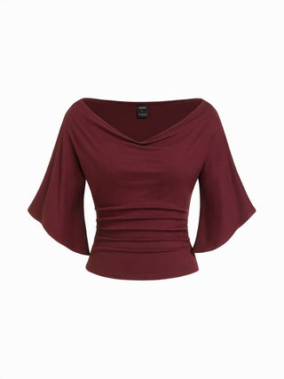 Boat Neck Mid-length Bell Sleeve Ruched Tee