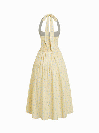 Cotton-blend Sculptural Halter Neck Ditsy Floral Shirred Milkmaid Midi Dress