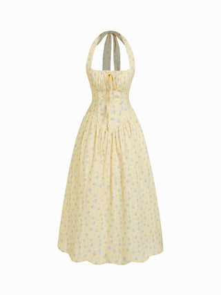 Cotton-blend Sculptural Halter Neck Ditsy Floral Shirred Milkmaid Midi Dress