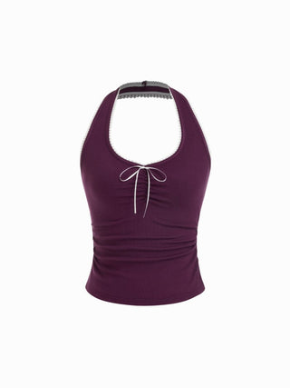 Cotton-blend Halter Neck Ruched Front Cami Top