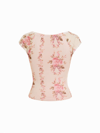 Ditsy Floral Scoop Neckline Knotted Short Sleeve Tee