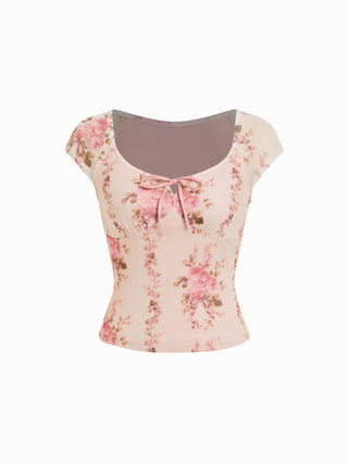 Ditsy Floral Scoop Neckline Knotted Short Sleeve Tee