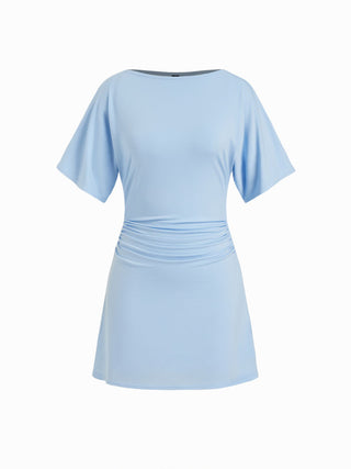 Boat Neck Short Sleeve Ruched A-line Mini Dress