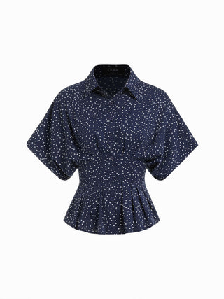 Chiffon Polka Dot Ruched Cinched Waist Batwing Sleeve Blouse