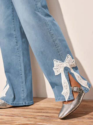 High Stretch Denim Mid Rise Lace Bowknot Wide Leg Jeans
