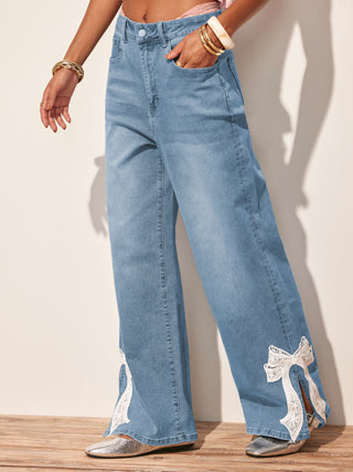 High Stretch Denim Mid Rise Lace Bowknot Wide Leg Jeans