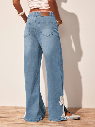 High Stretch Denim Mid Rise Lace Bowknot Wide Leg Jeans