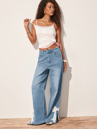 High Stretch Denim Mid Rise Lace Bowknot Wide Leg Jeans