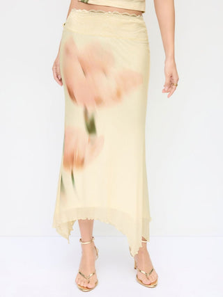 Mesh Floral Graphic Asymmetrical Top & Mid Rise Mermaid Maxi Skirt Set