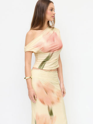 Mesh Floral Graphic Asymmetrical Top & Mid Rise Mermaid Maxi Skirt Set