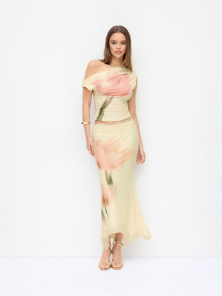 Mesh Floral Graphic Asymmetrical Top & Mid Rise Mermaid Maxi Skirt Set