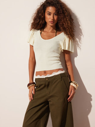 Knit V-Neck Ruffle Sleeve Drawstring Short Sleeve Top