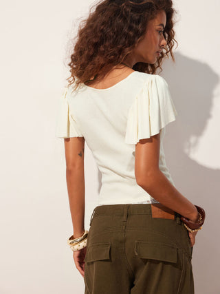Knit V-Neck Ruffle Sleeve Drawstring Short Sleeve Top