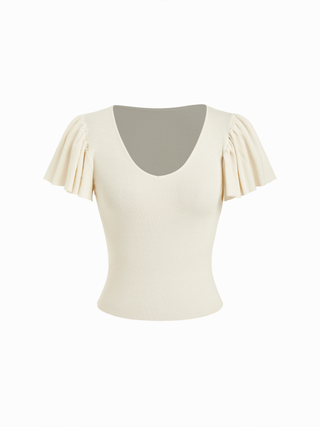 Knit V-Neck Ruffle Sleeve Drawstring Short Sleeve Top
