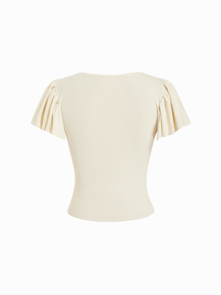 Knit V-Neck Ruffle Sleeve Drawstring Short Sleeve Top