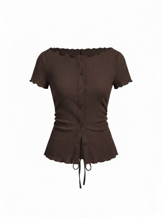 Textured Boat Neck Button Up Lettuce Trim Short Sleeve Top