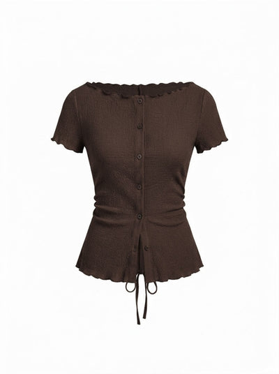 Textured Boat Neck Button Up Lettuce Trim Short Sleeve Top