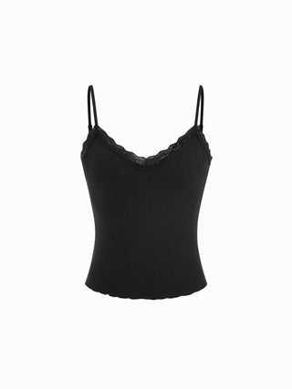 Textured V-neck Lace Trim Cami Top
