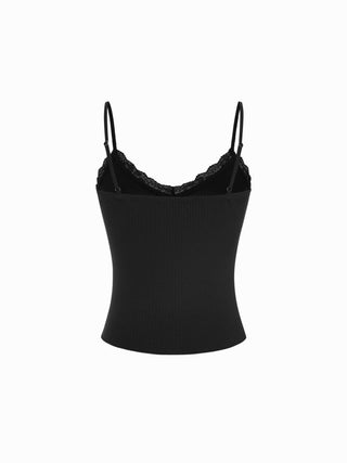 Textured V-neck Lace Trim Cami Top