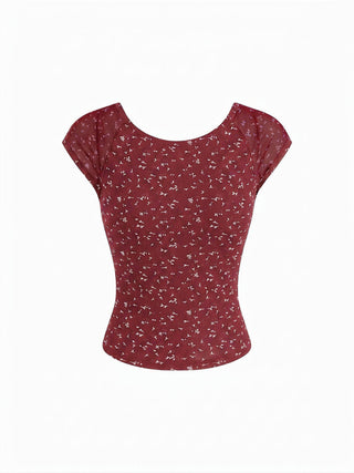 Ditsy Floral Scoop Neckline Knotted Short Sleeve Tee
