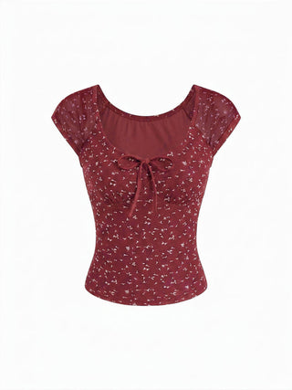 Ditsy Floral Scoop Neckline Knotted Short Sleeve Tee