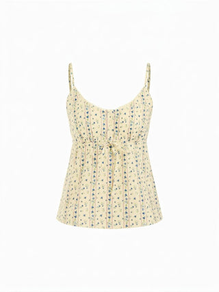 Cotton-blend Floral Scoop Neck Lace Trim Bowknot Oversized Cami Blouse