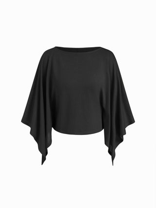 Textured Boat Neck Batwing Sleeve Asymmetrical Oversized Top