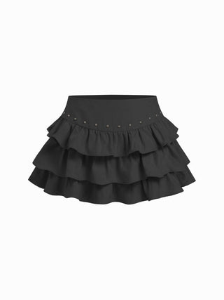 Low Rise Ruffled Metal Detail Layered Mini Skort