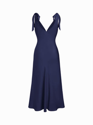 Satin V-neck Twist Knotted Flared Maxi Dress