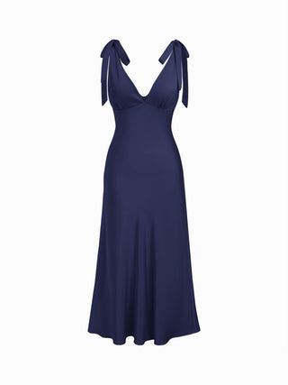 Satin V-neck Twist Knotted Flared Maxi Dress
