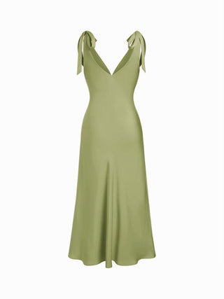 Satin V-neck Twist Knotted Flared Maxi Dress