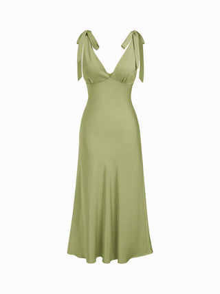 Satin V-neck Twist Knotted Flared Maxi Dress