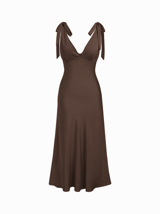 Satin V-neck Twist Knotted Flared Maxi Dress